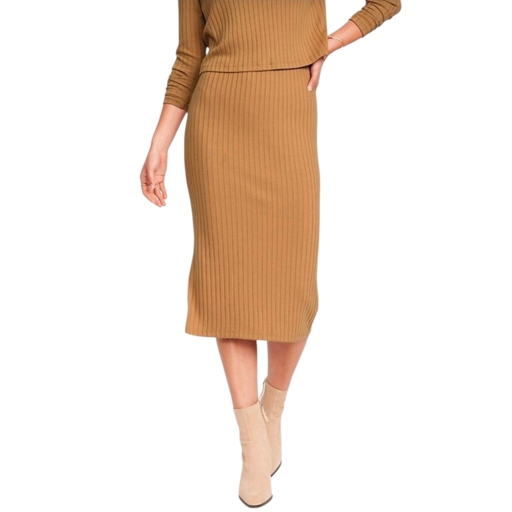 Old Navy Midi Pencil Skirt Camel Brown Sweater Rib Knit Pull On Stretch Medium